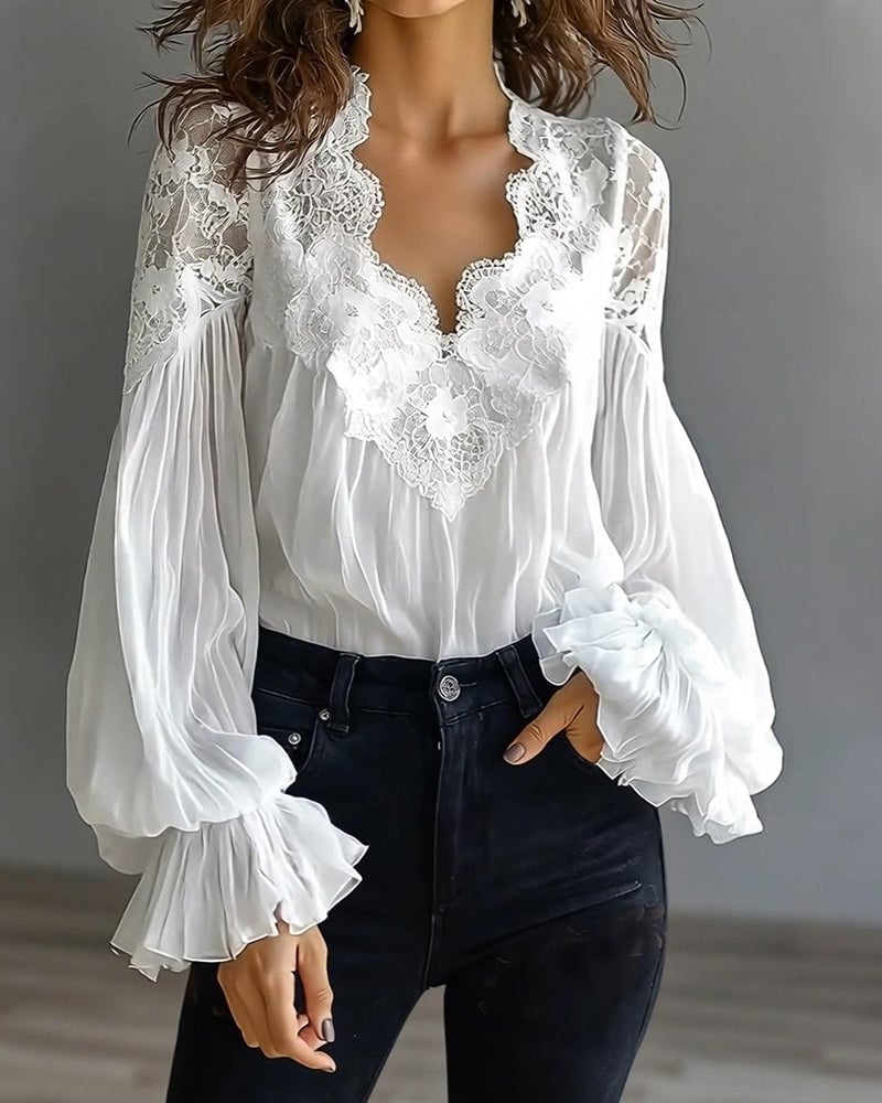 CELINE | Blusa de encaje de manga larga con cuello en V